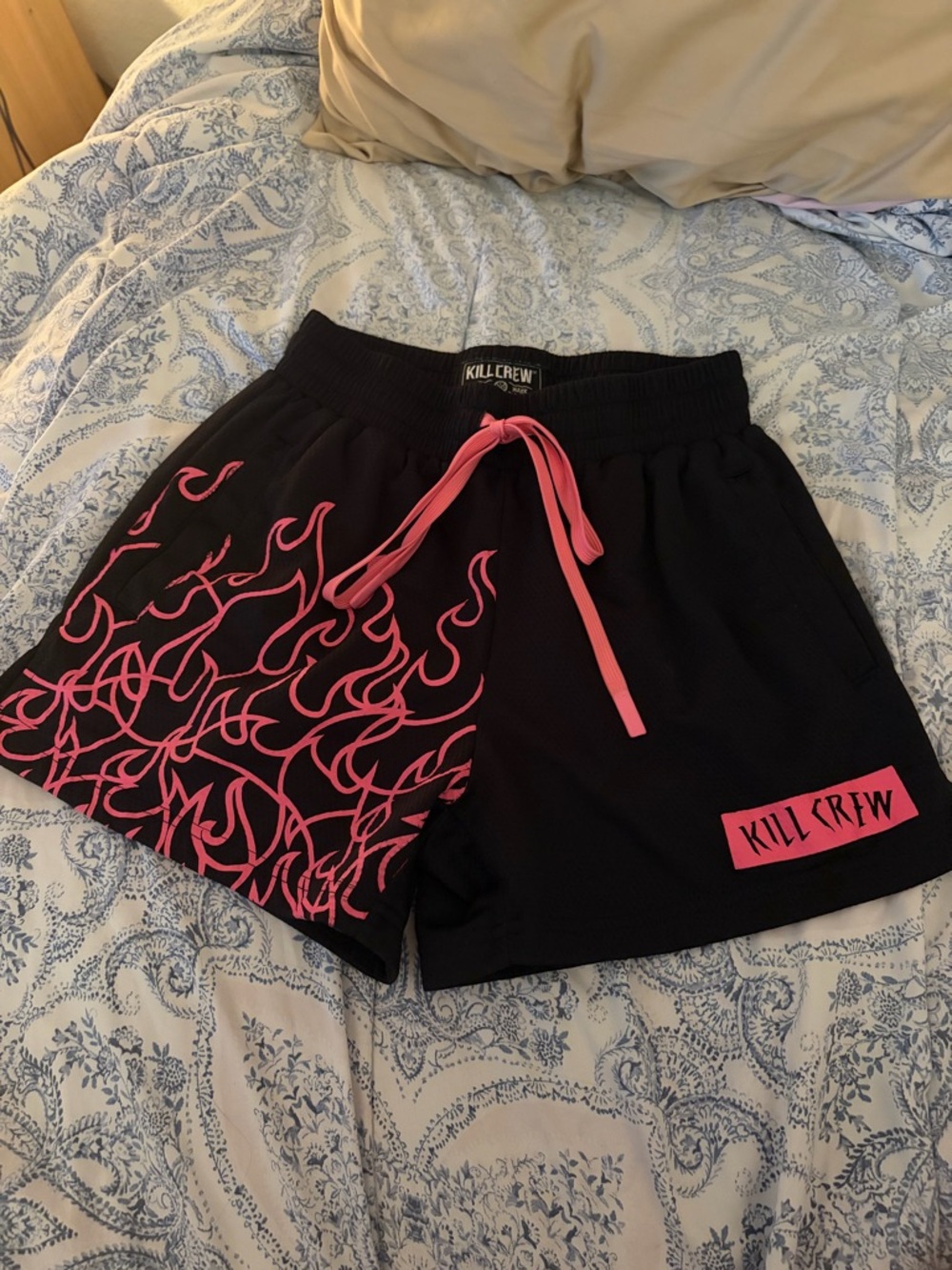 Kill Crew Black Gym Shorts with Hot Pink Flame Design